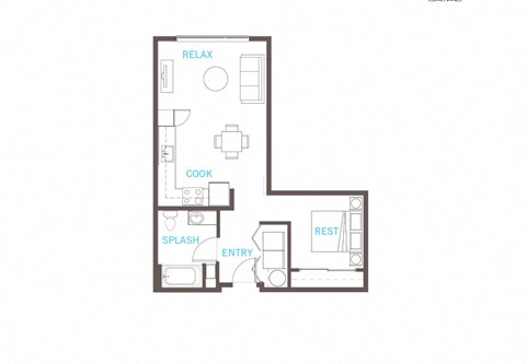 Floor plan for 1 bed, 1 bath, 590 sqft